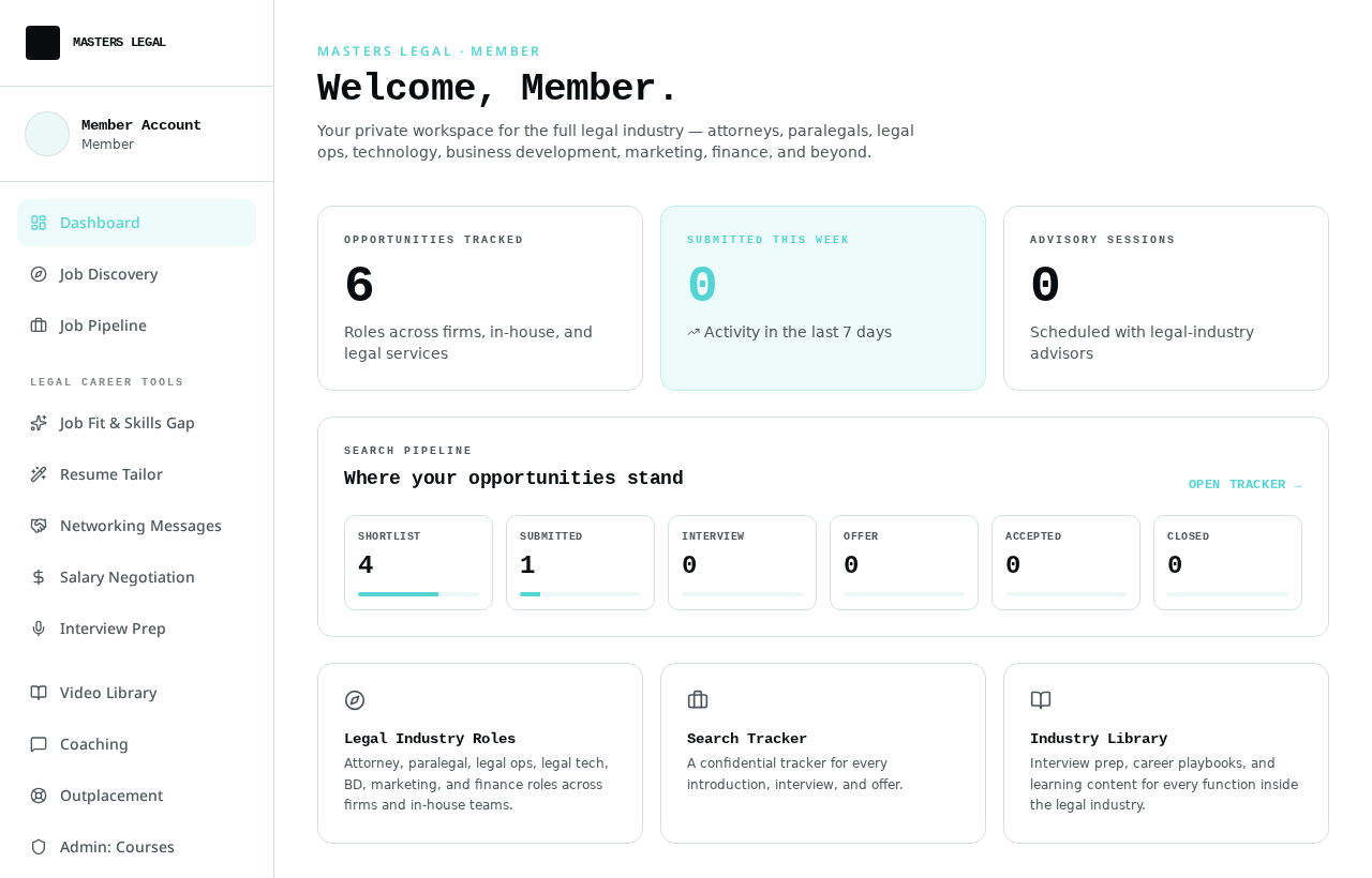 Masters × Glenmont dashboard preview showing pipeline tracking, coaching sessions, and job discovery tools for legal professionals